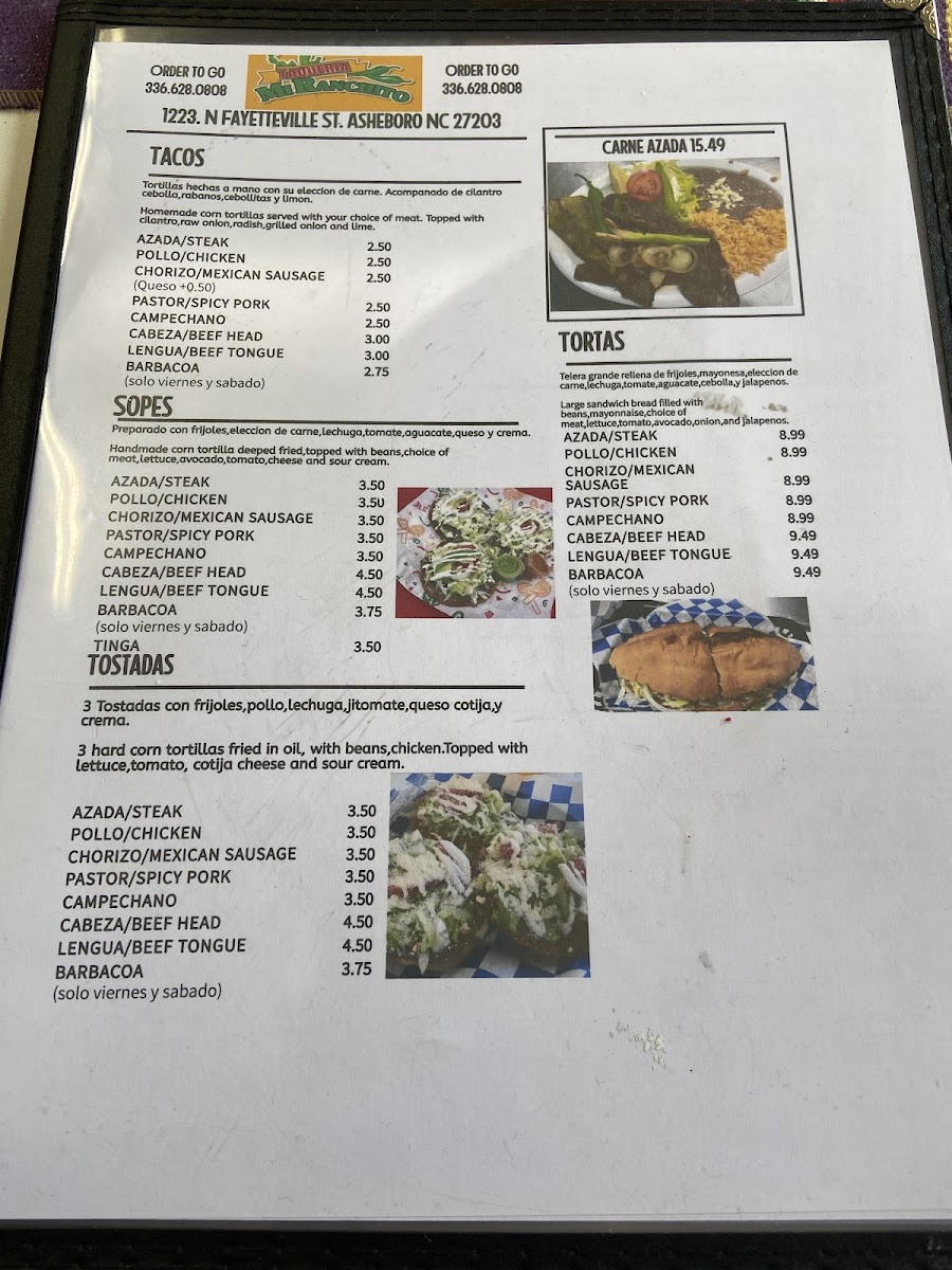 Taqueria Mi Ranchito menu board