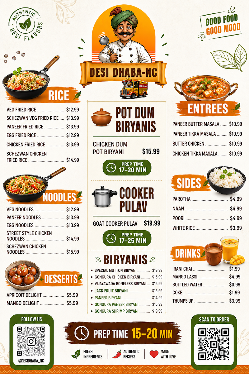 Desi Dhaba NC menu board