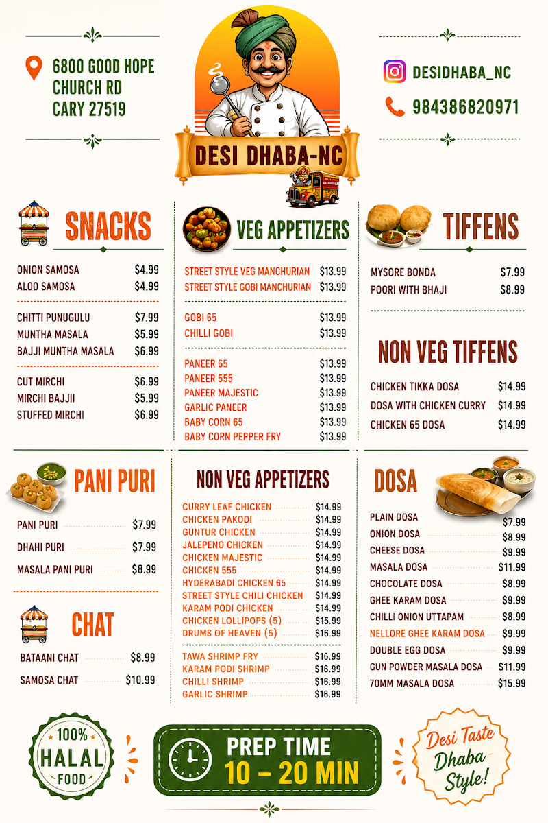 Desi Dhaba NC menu board