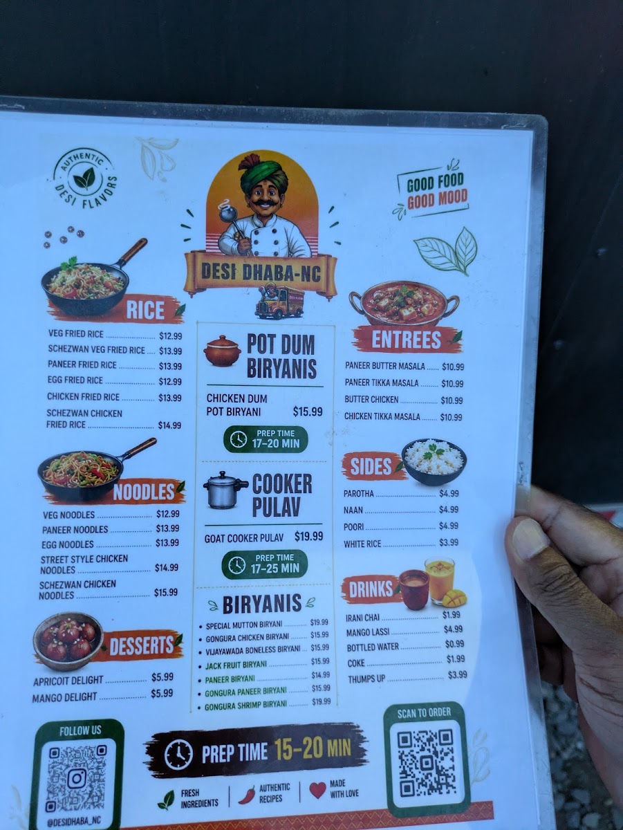 Desi Dhaba NC menu board