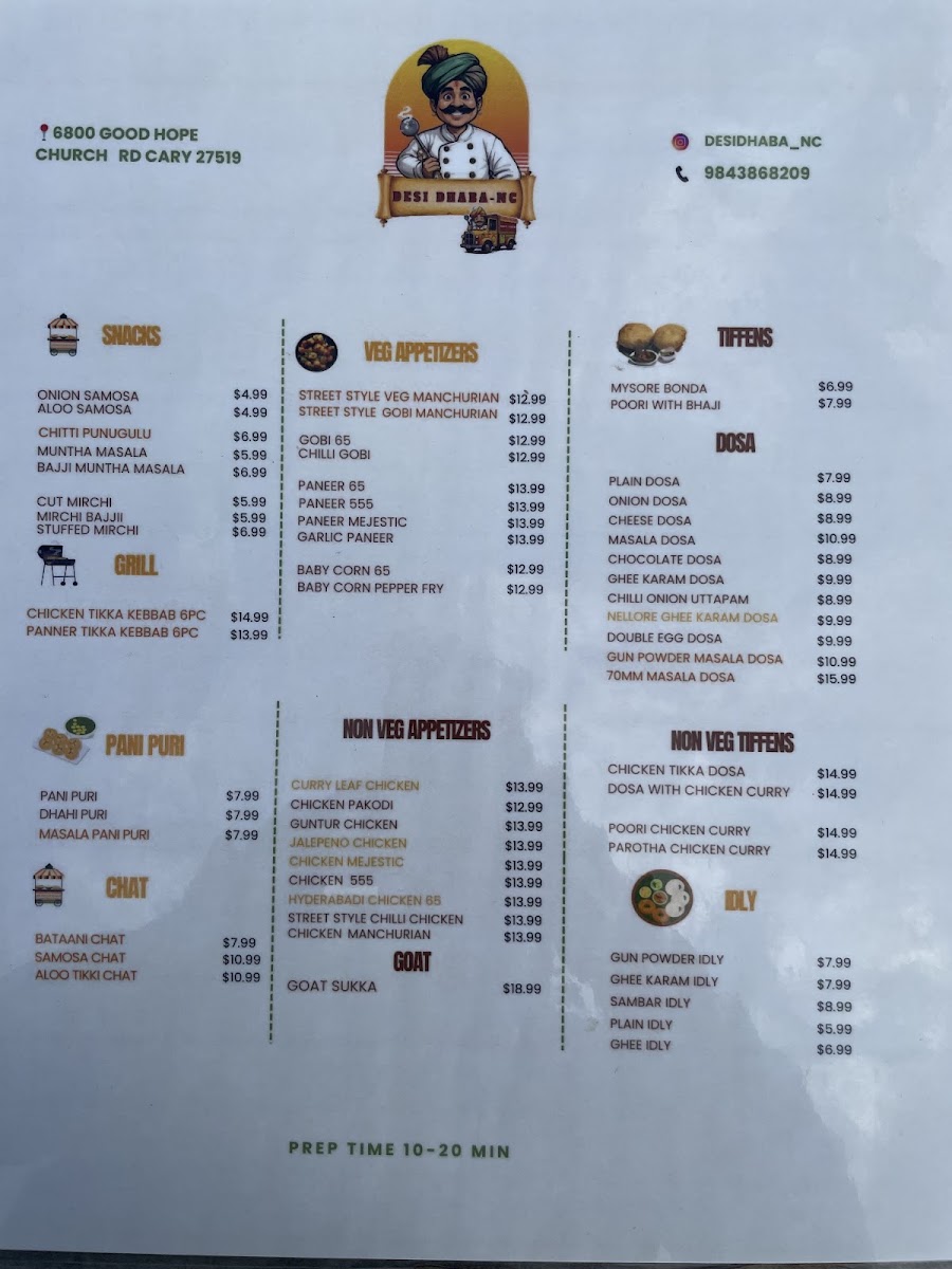 Desi Dhaba NC menu board
