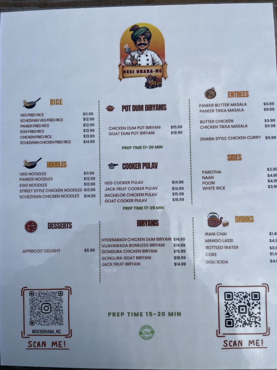 Desi Dhaba NC menu board
