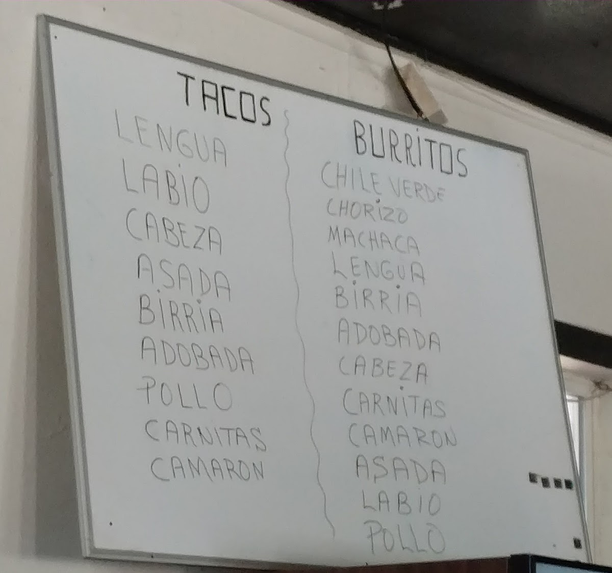 Birrieria Sergio menu board