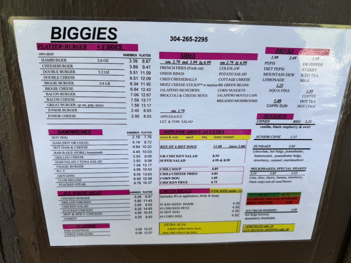 Biggies Restaurant menu board