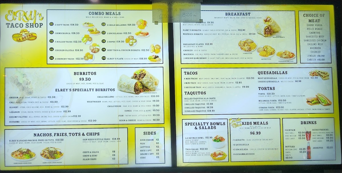 ElREY’S Taco Shop menu board