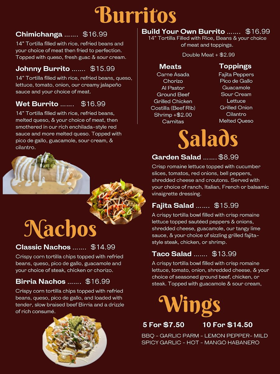 Johnny Gringo Painesville menu board