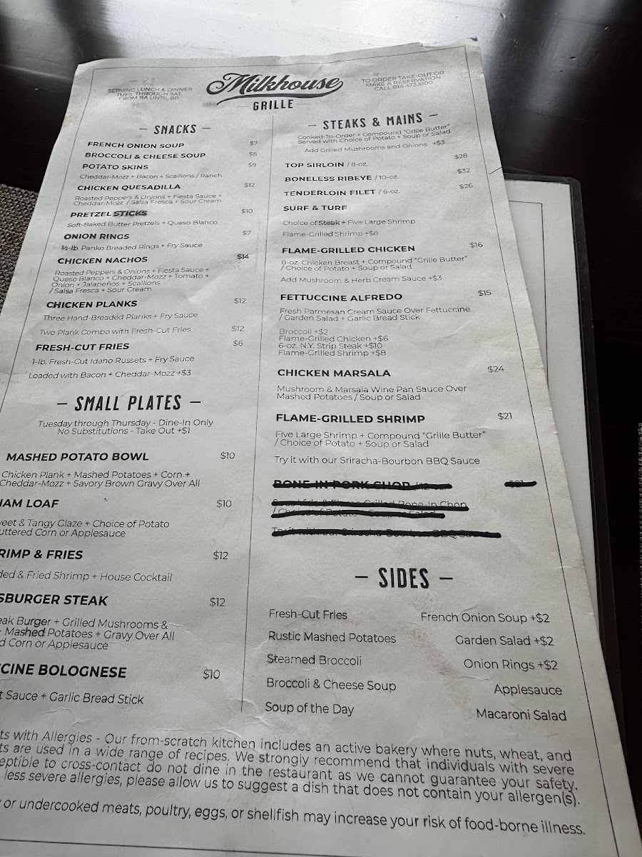 The Milkhouse Grille menu board