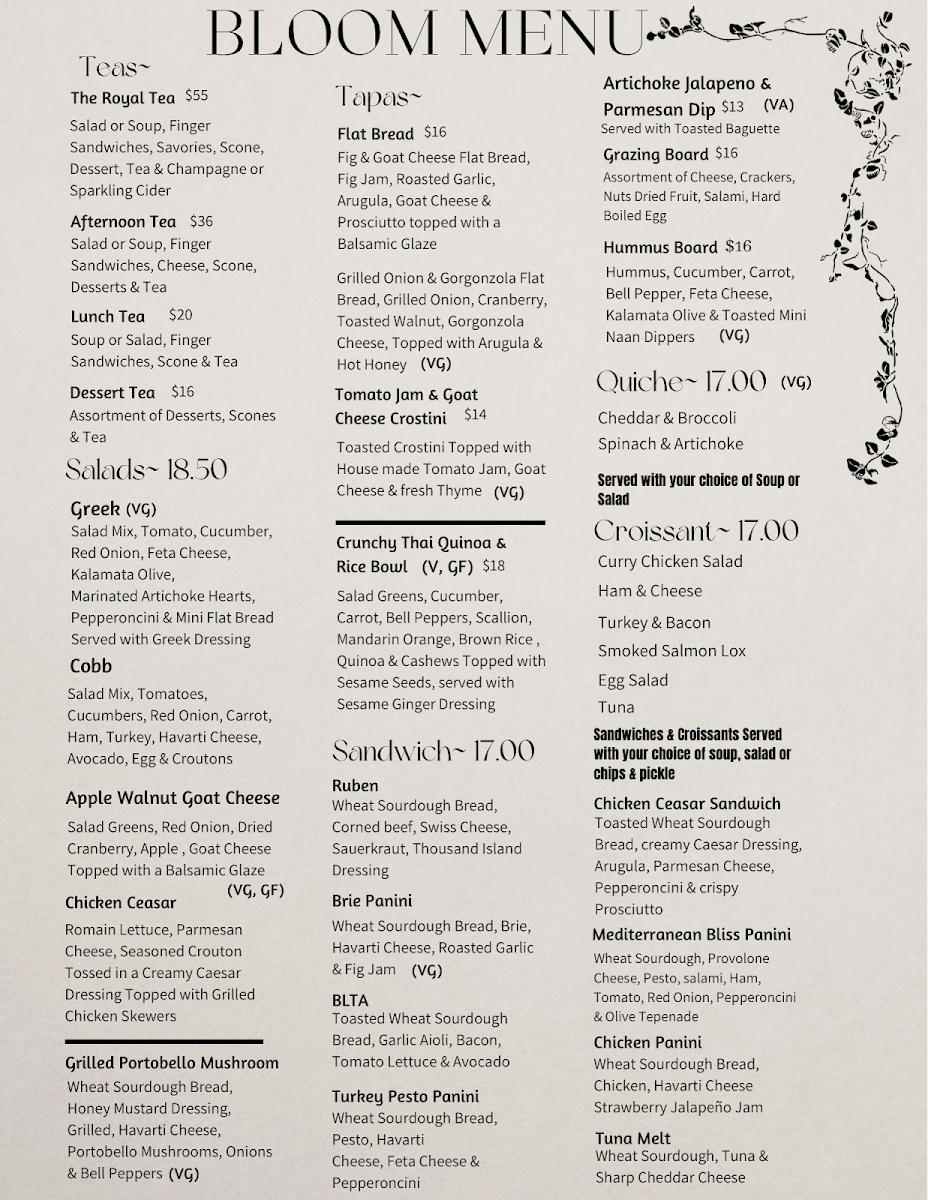Bloom Boutique and Tea House menu board