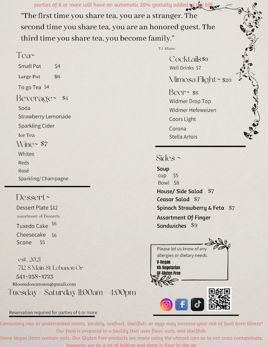 Bloom Boutique and Tea House menu board