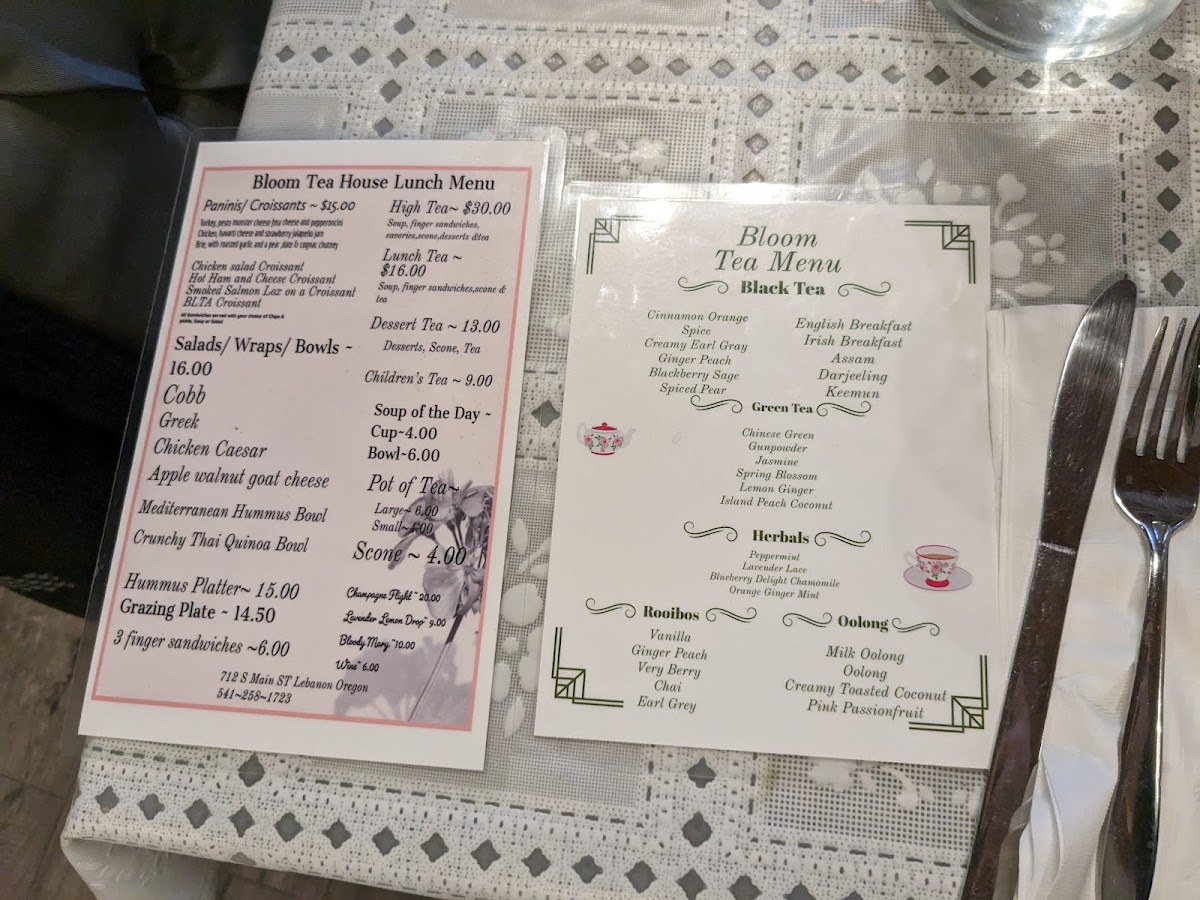 Bloom Boutique and Tea House menu board