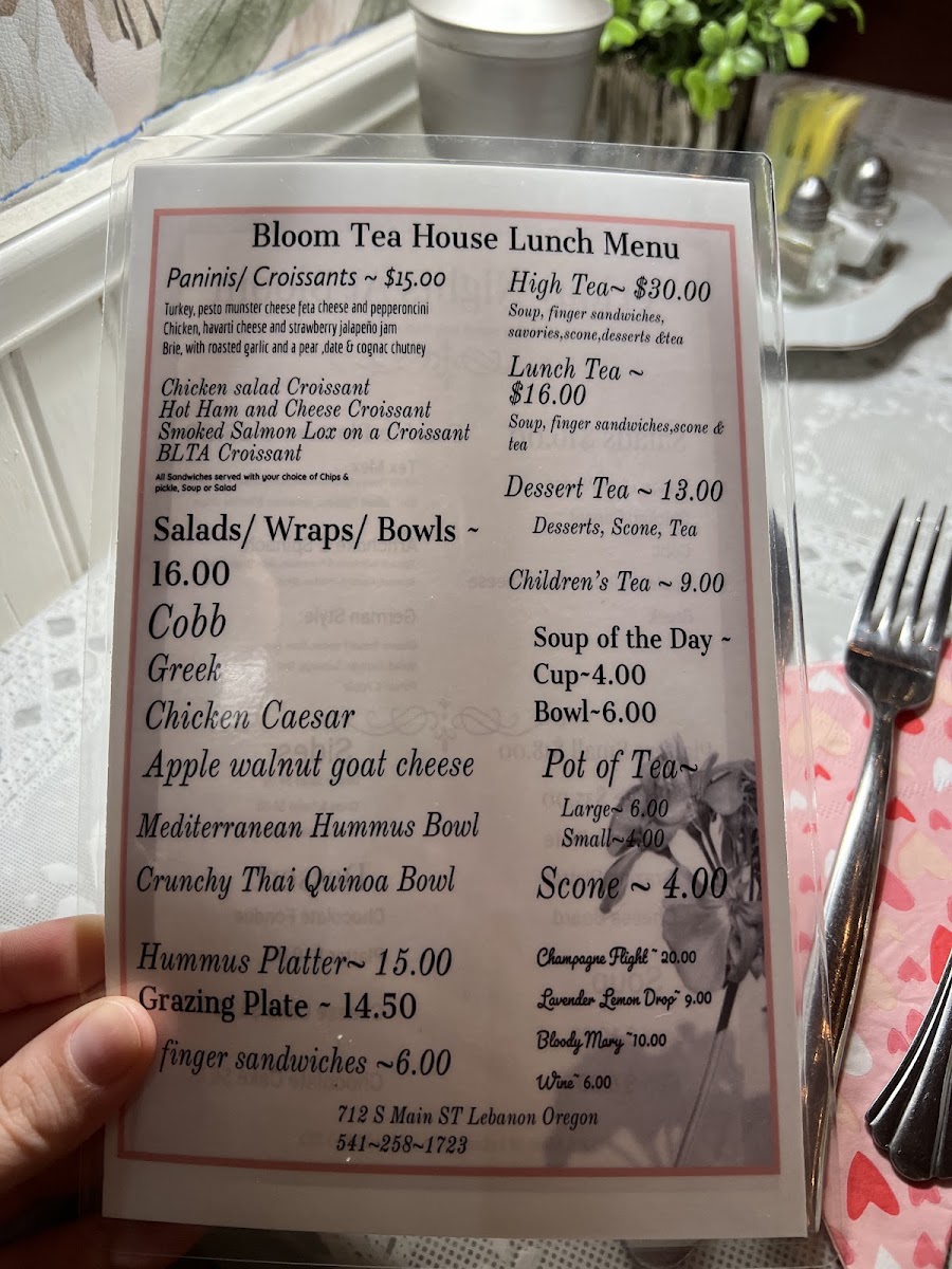 Bloom Boutique and Tea House menu board