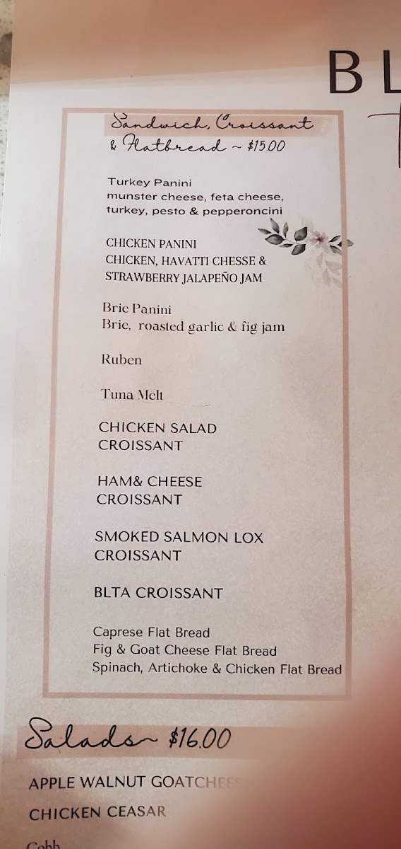 Bloom Boutique and Tea House menu board