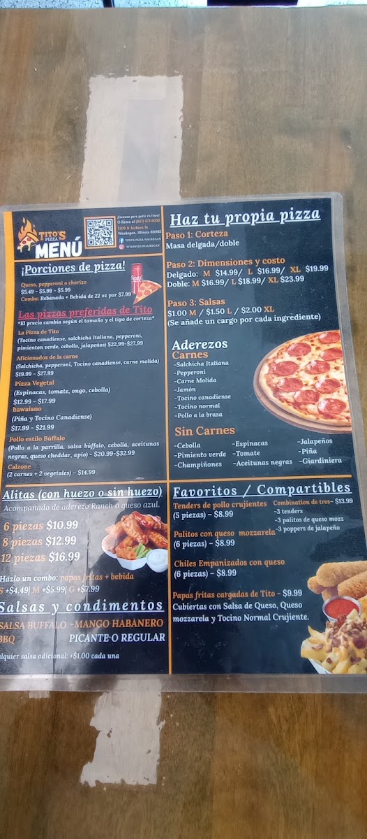 Tito's Pizza Waukegan IL menu board