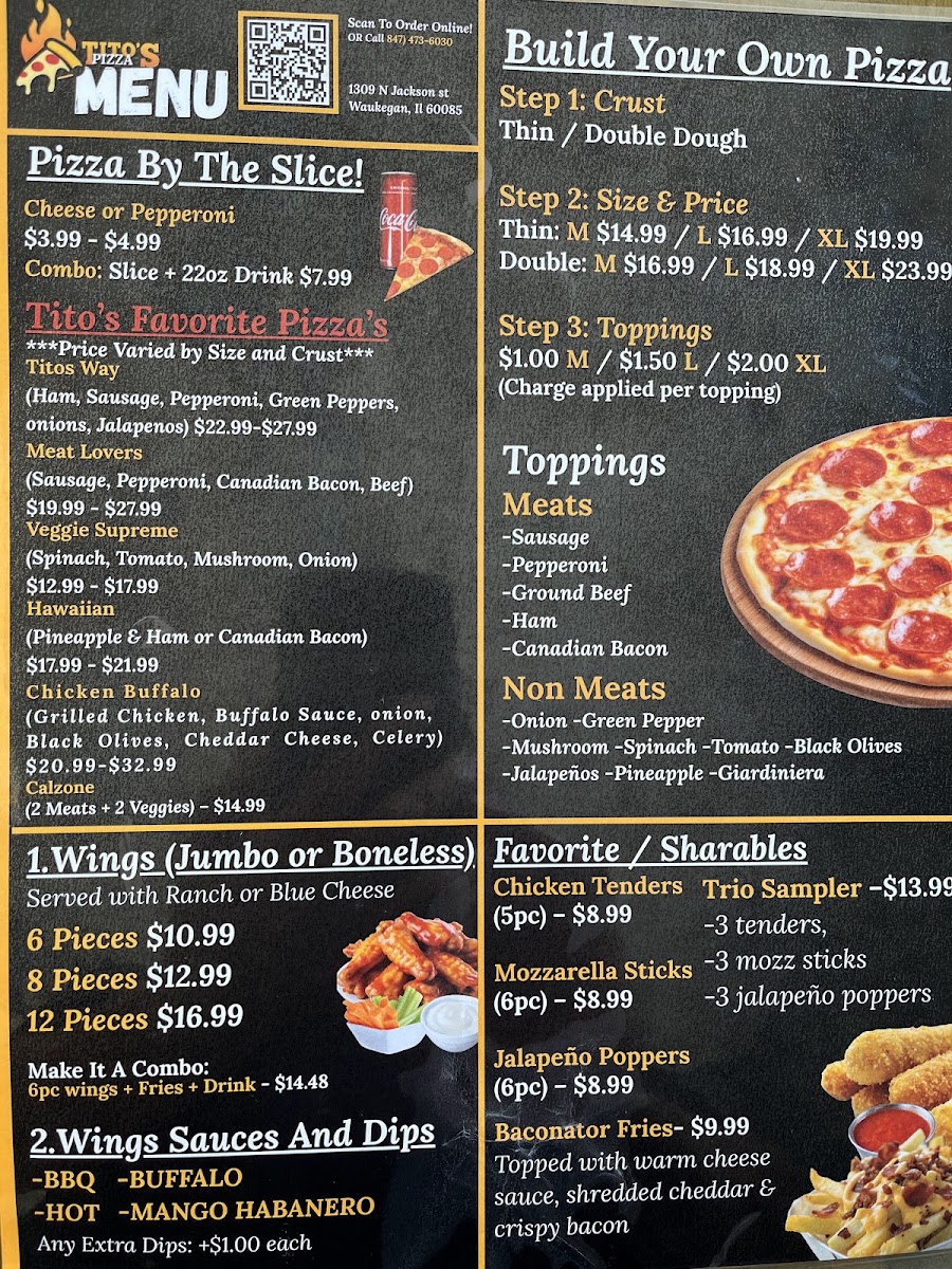 Tito's Pizza Waukegan IL menu board