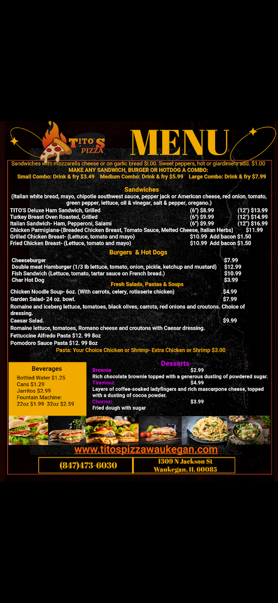 Tito's Pizza Waukegan IL menu board