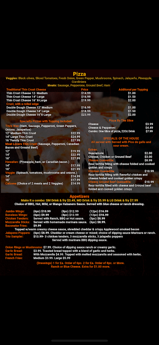 Tito's Pizza Waukegan IL menu board