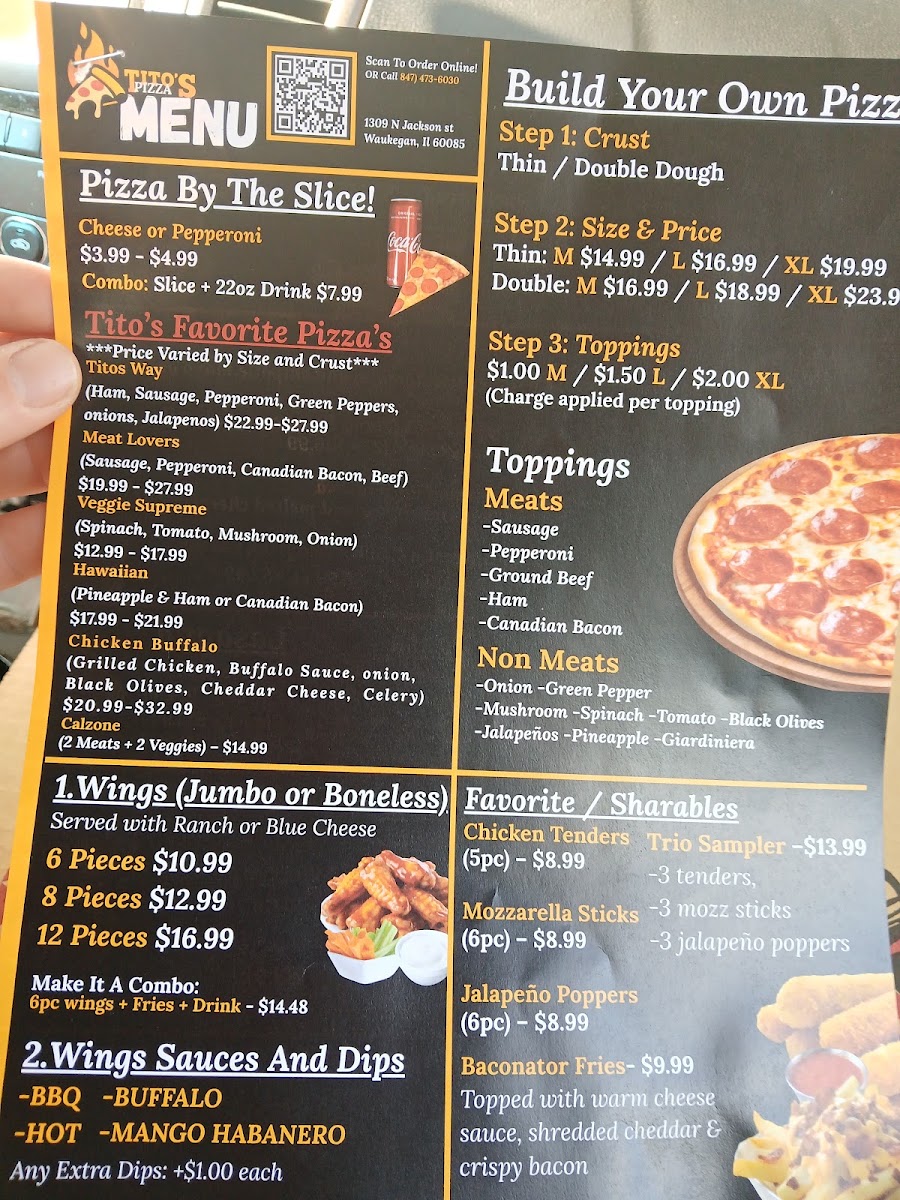 Tito's Pizza Waukegan IL menu board