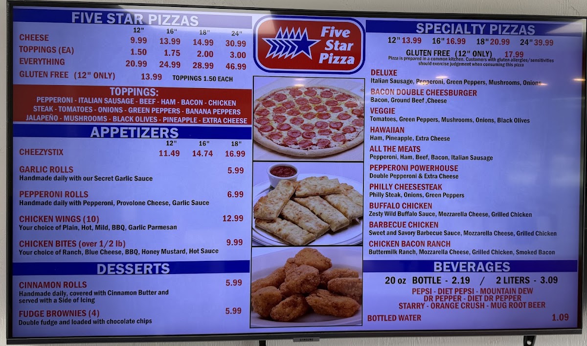 Five Star Pizza menu board