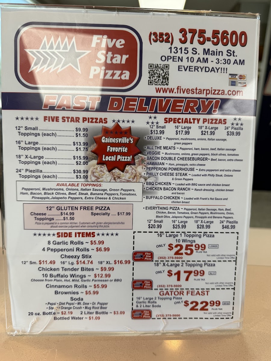 Five Star Pizza menu board