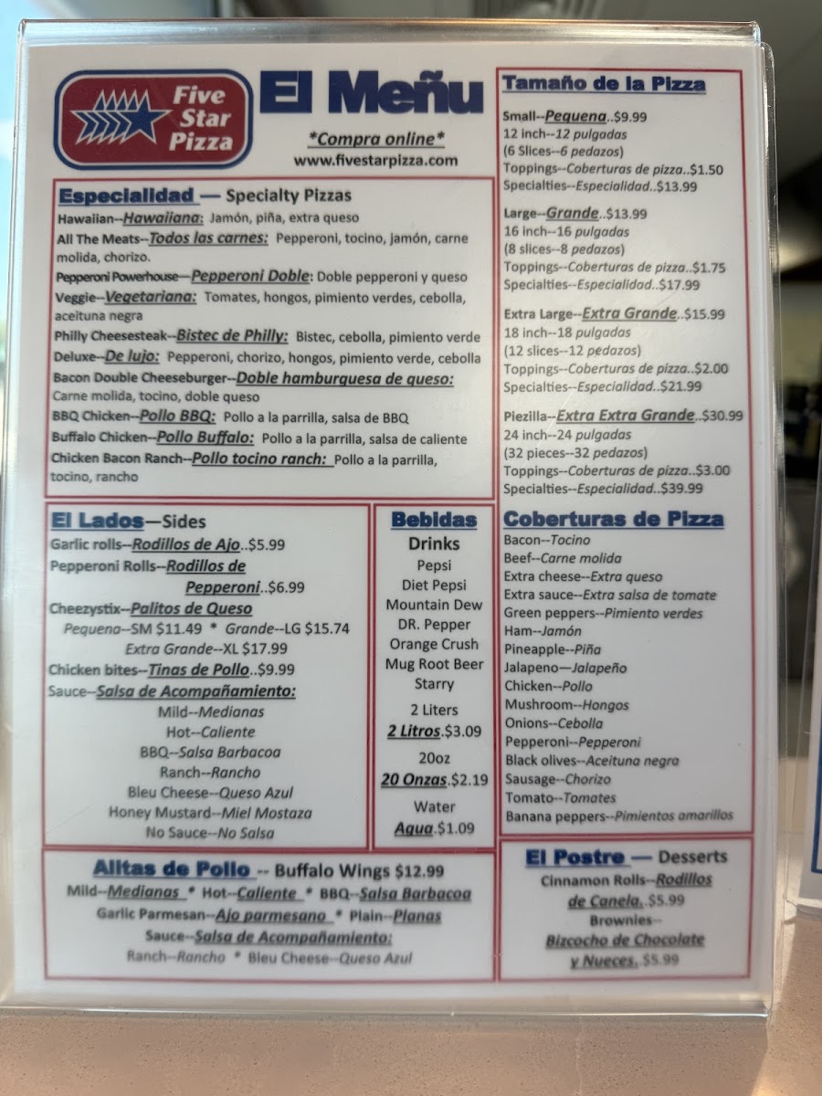 Five Star Pizza menu board