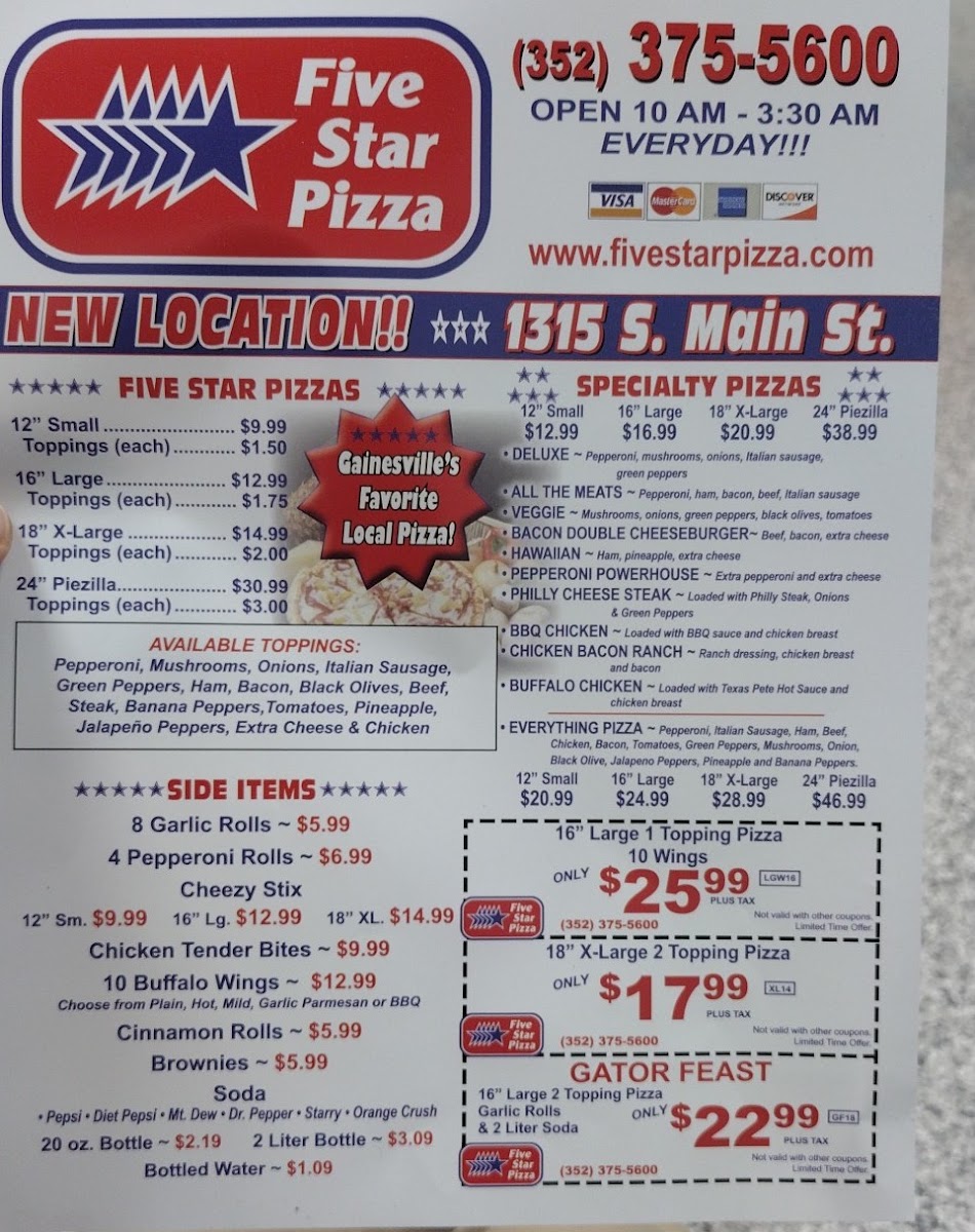 Five Star Pizza menu board