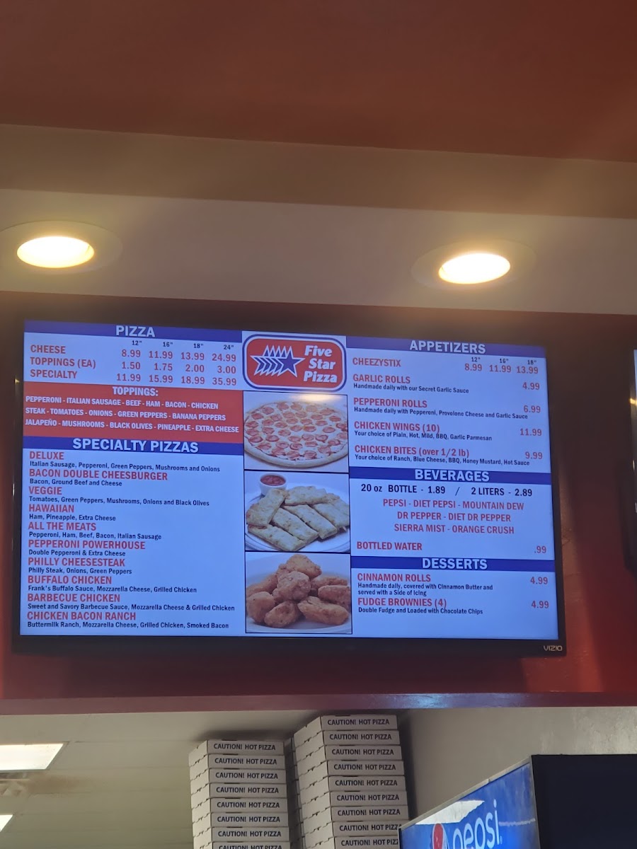 Five Star Pizza menu board
