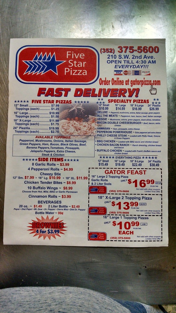 Five Star Pizza menu board