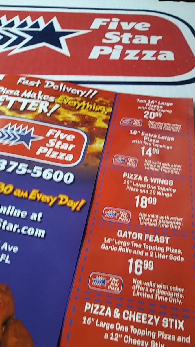 Five Star Pizza menu board