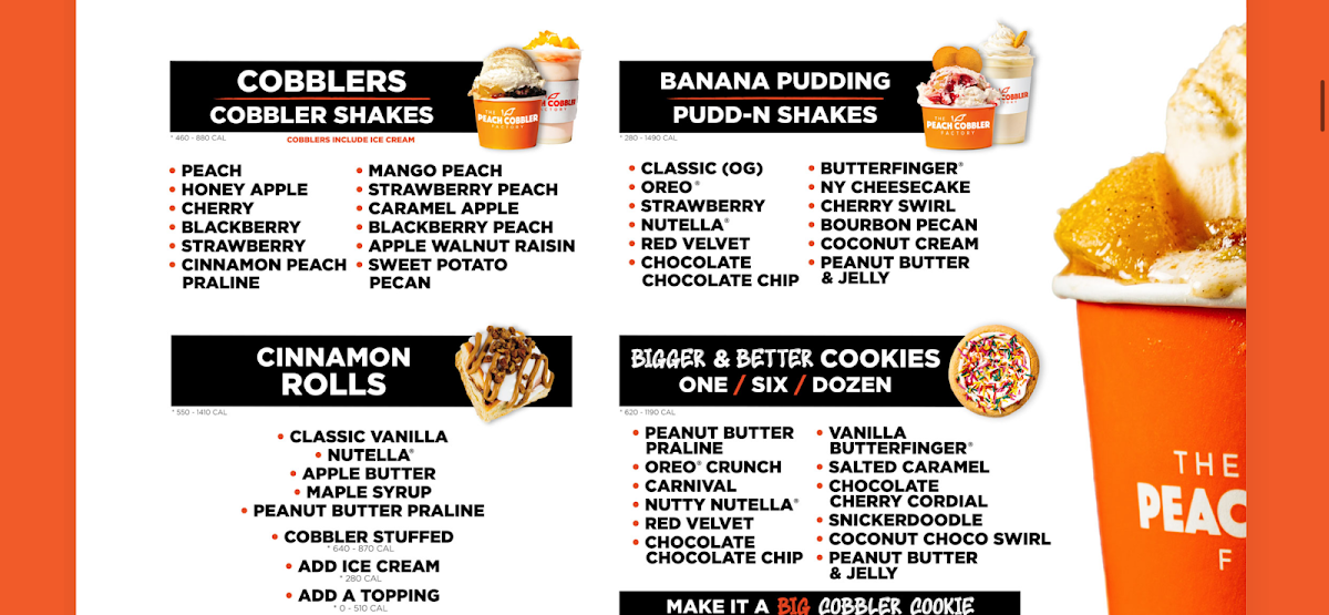 The Peach Cobbler Factory menu board