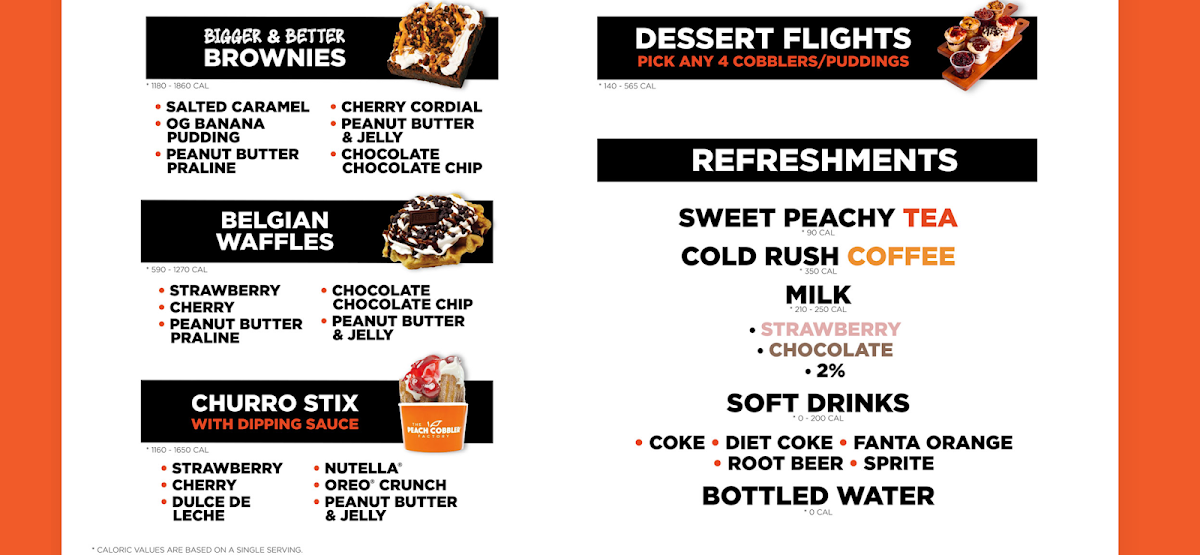 The Peach Cobbler Factory menu board