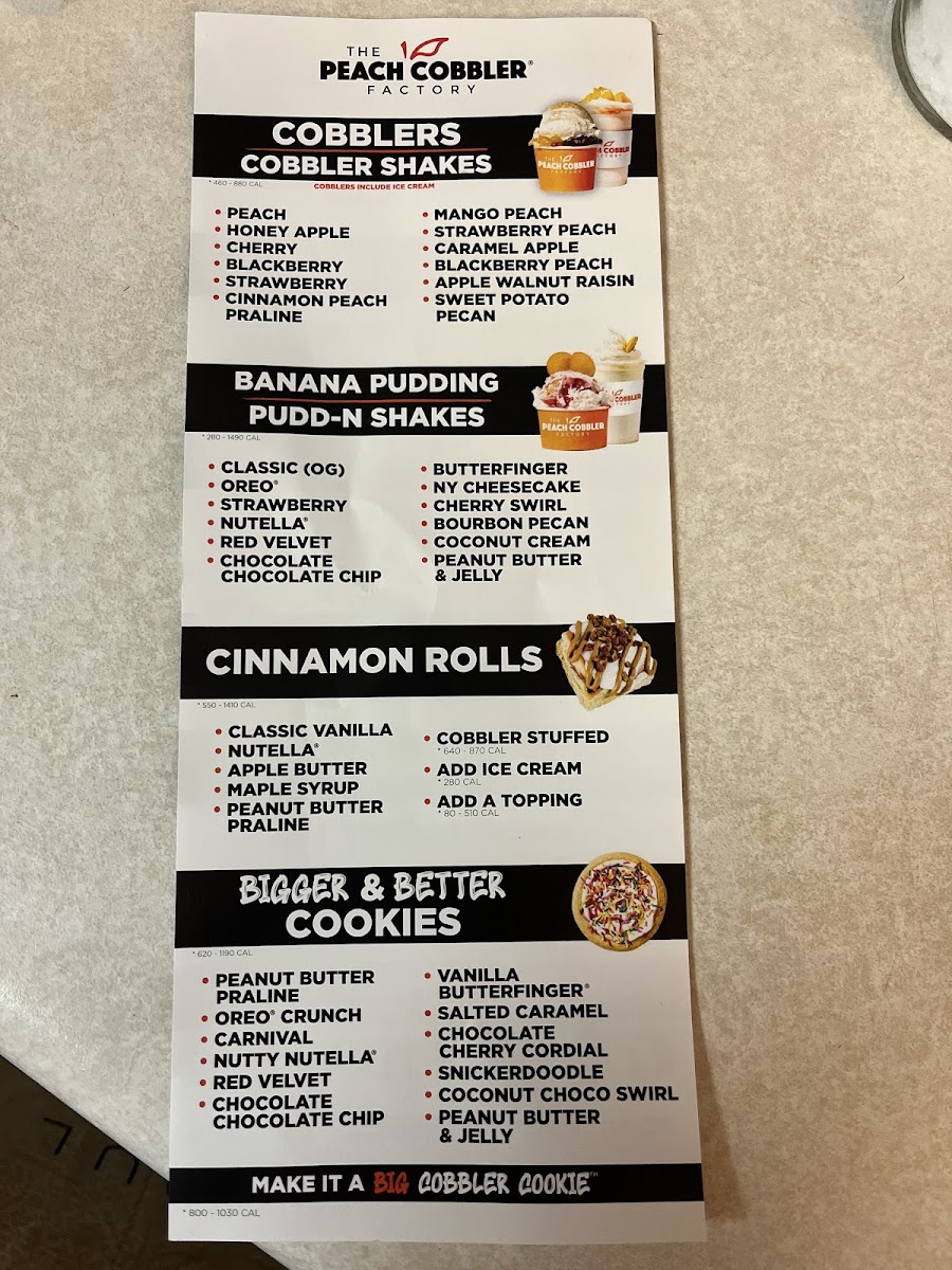 The Peach Cobbler Factory menu board