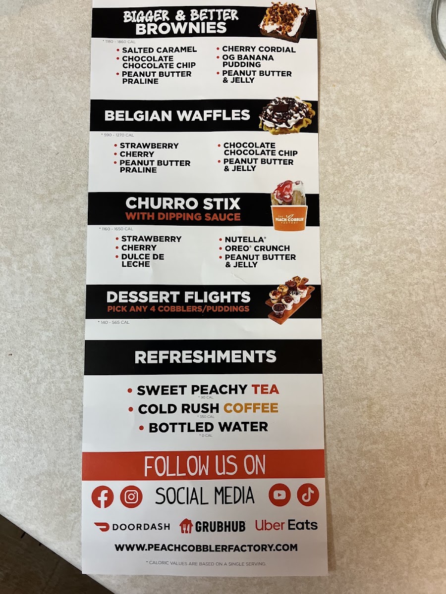 The Peach Cobbler Factory menu board