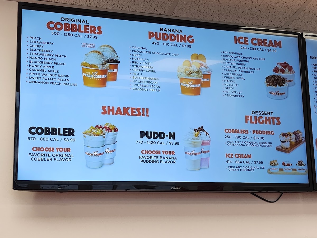 The Peach Cobbler Factory menu board