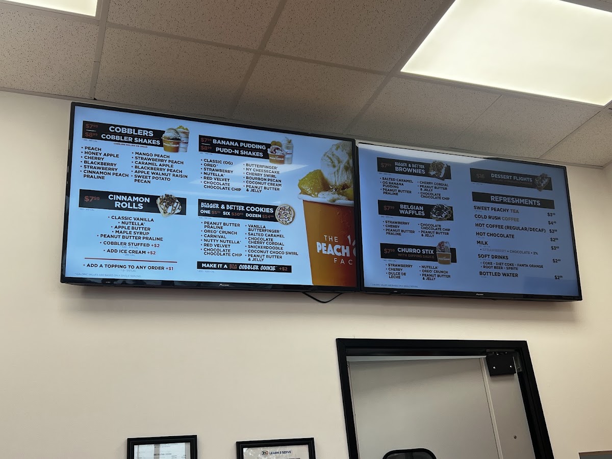 The Peach Cobbler Factory menu board