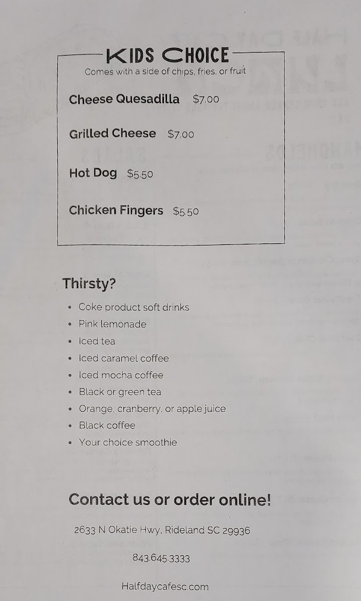 Half Day Cafe menu board