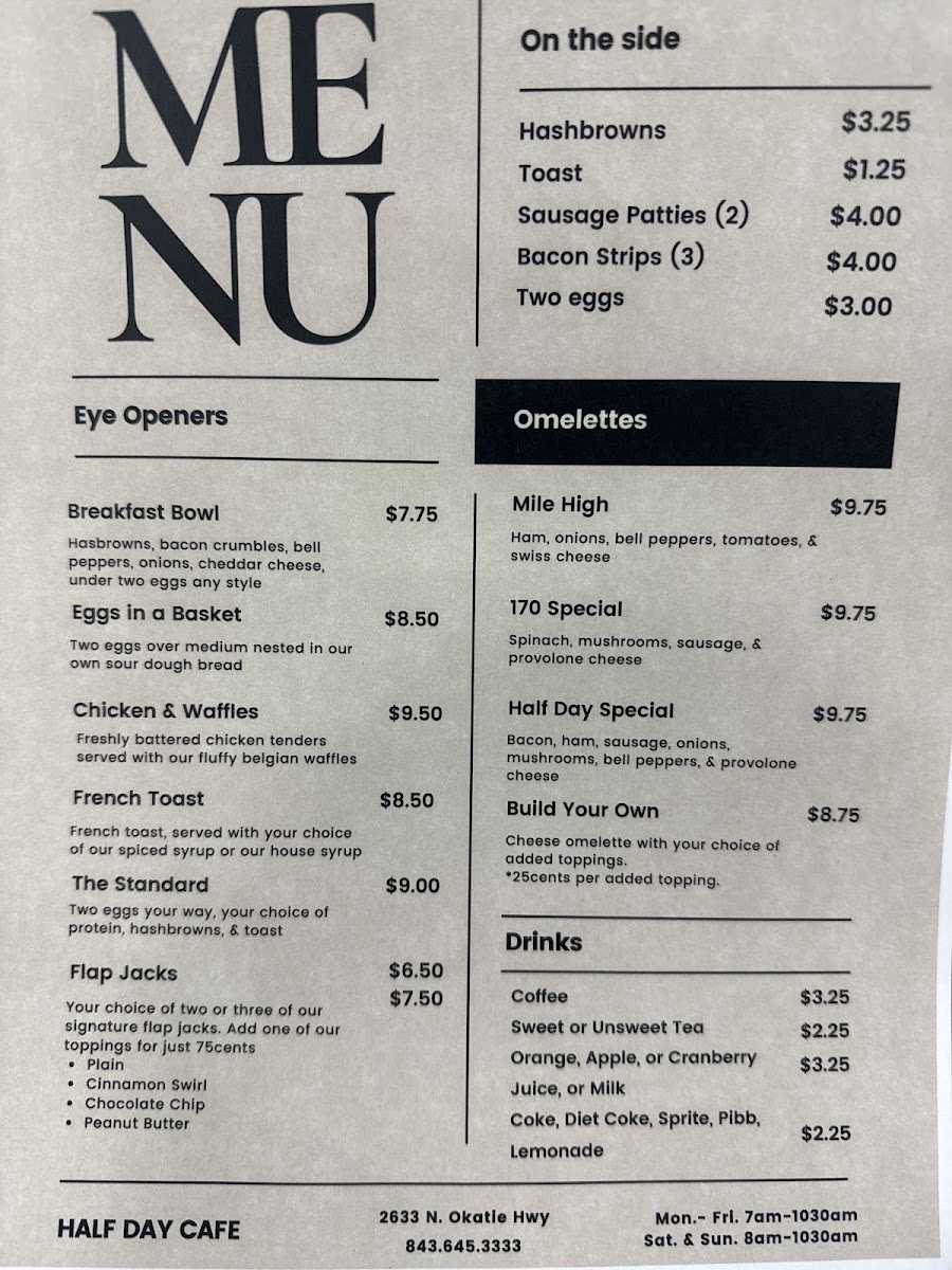 Half Day Cafe menu board