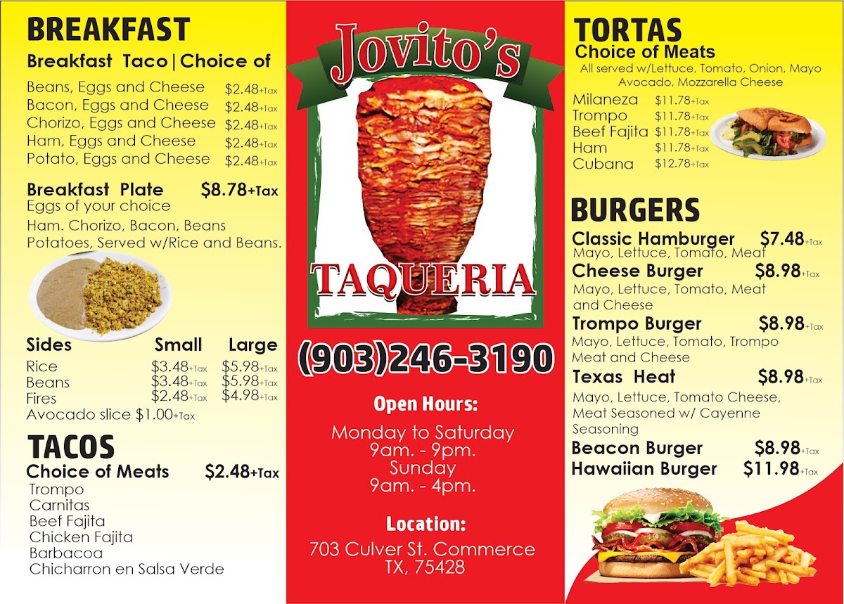 JOVITO'S TAQUERIA menu board