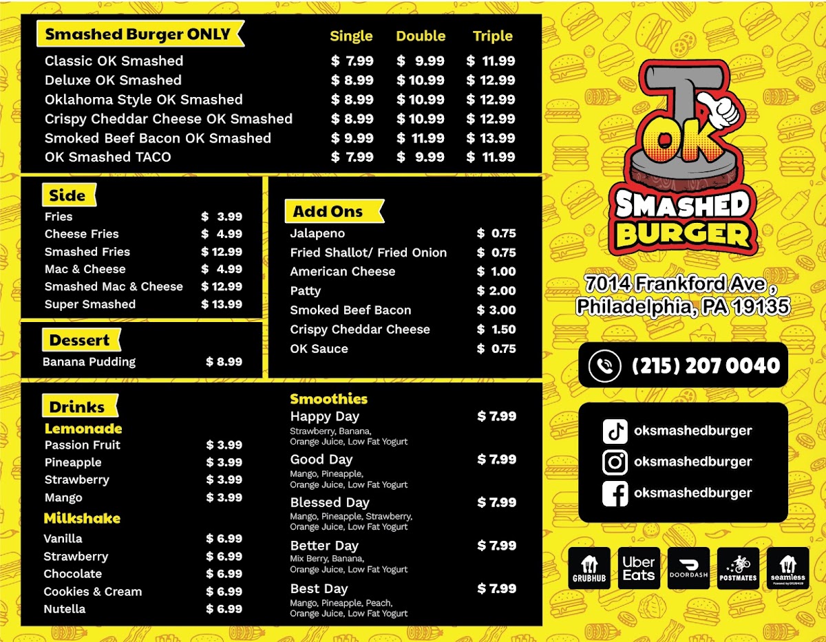 OK SMASHED BURGER menu board