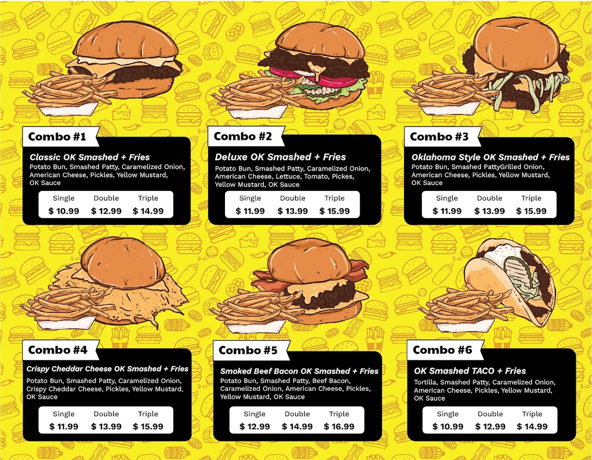 OK SMASHED BURGER menu board
