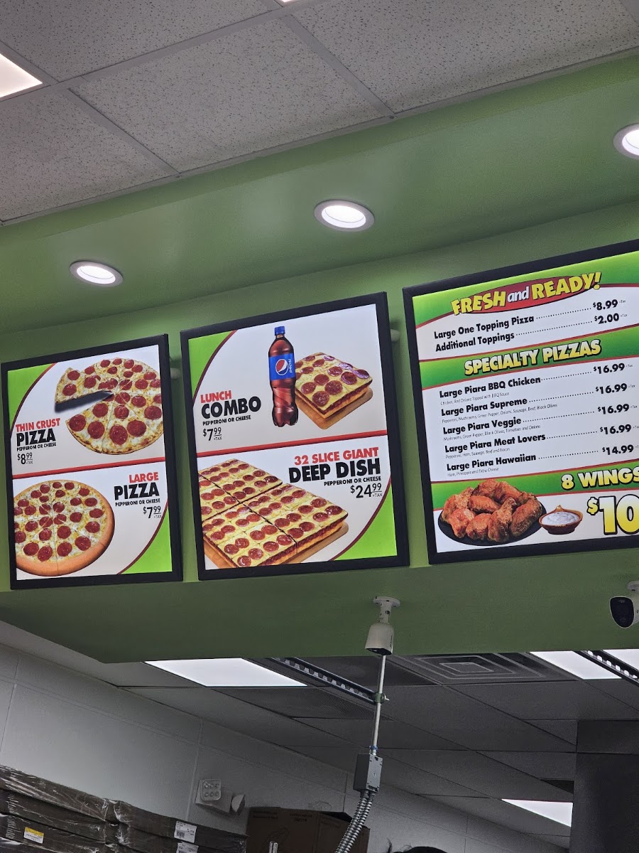 Piara Pizza menu board