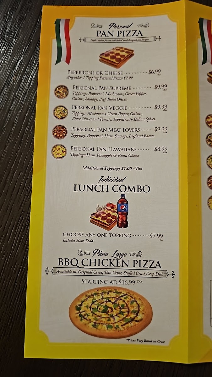 Piara Pizza menu board