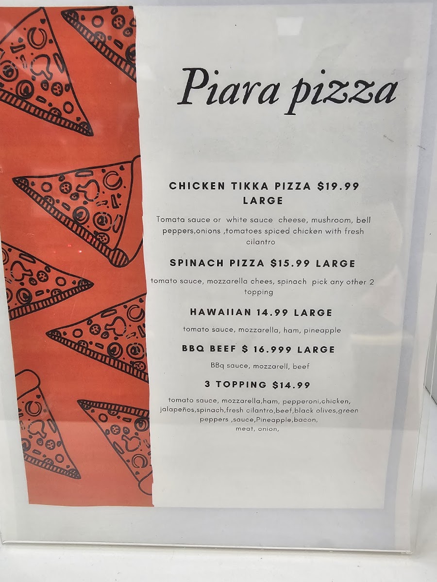 Piara Pizza menu board