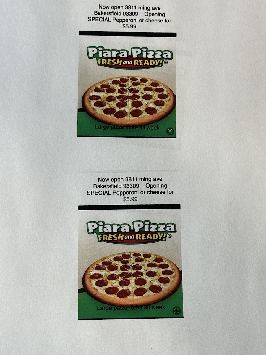 Piara Pizza menu board