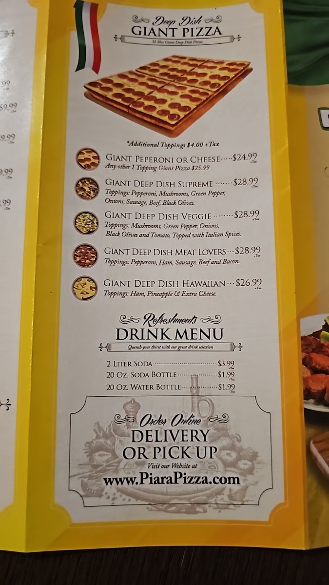 Piara Pizza menu board