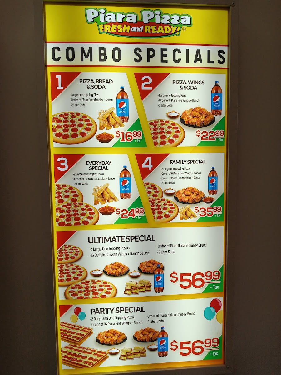Piara Pizza menu board