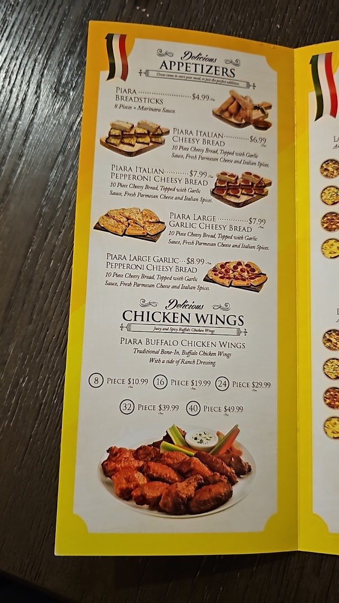 Piara Pizza menu board