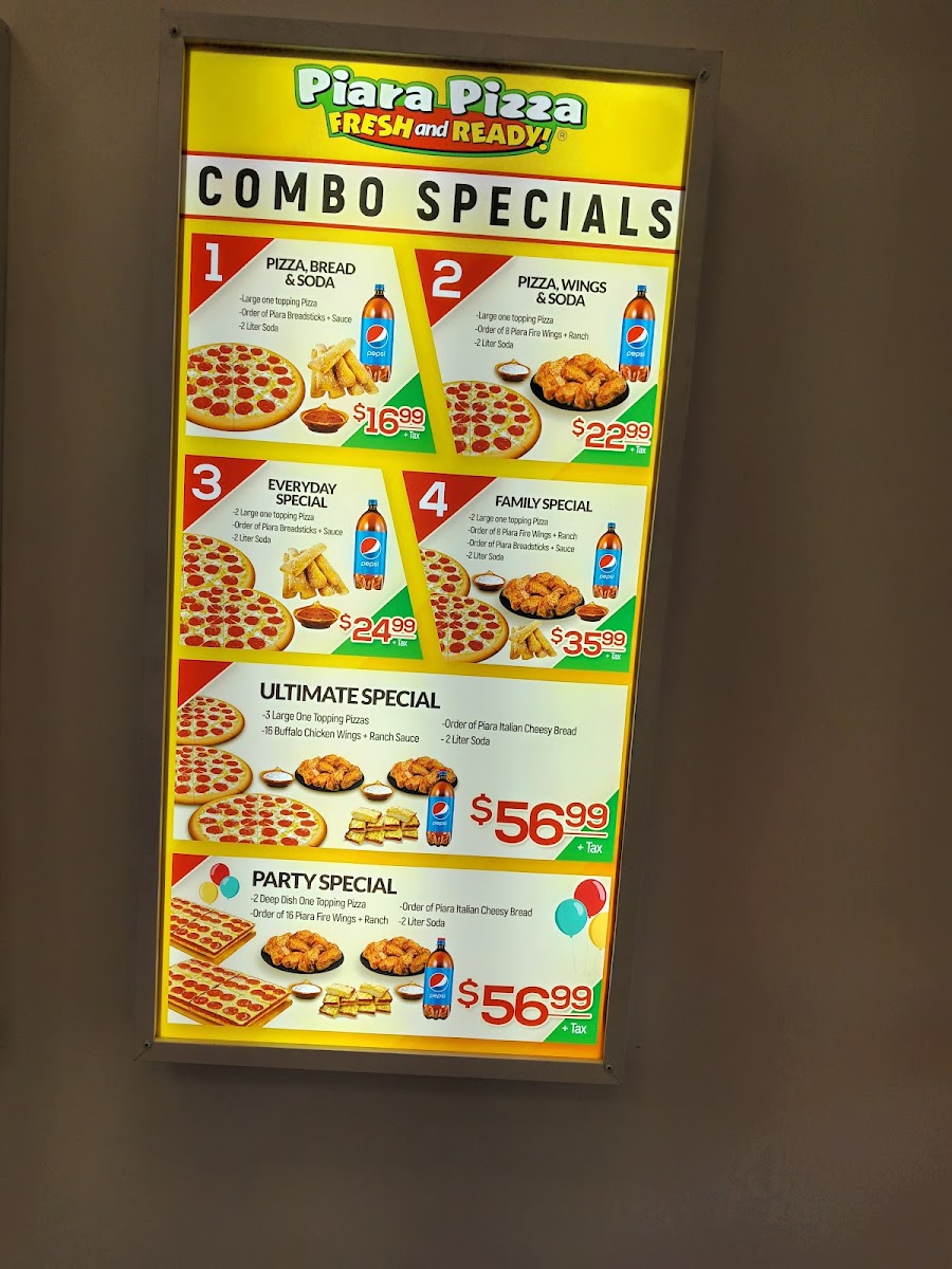Piara Pizza menu board
