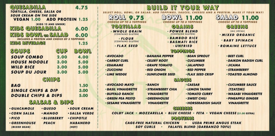 Greenhouse Kitchen Waterloo menu board