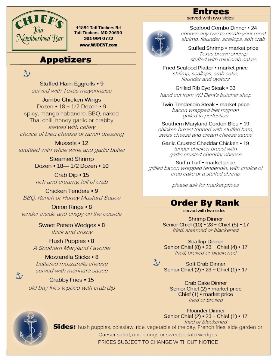 WJ Dent & Sons/Chief's Your Neighborhood Bar menu board