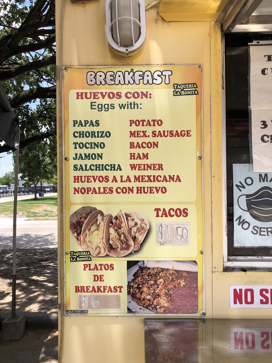 Taqueria la Bonita (Food Truck) menu board